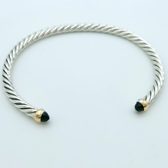 David Yurman Sterling Silver & 14k Gold 4mm Flex Black Onyx Cable Bracelet 7inch - Picture 2 of 10